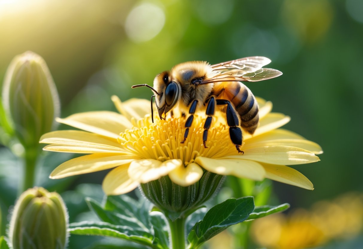 A close-up of a bee on a yellow flower with green foliage in the background.