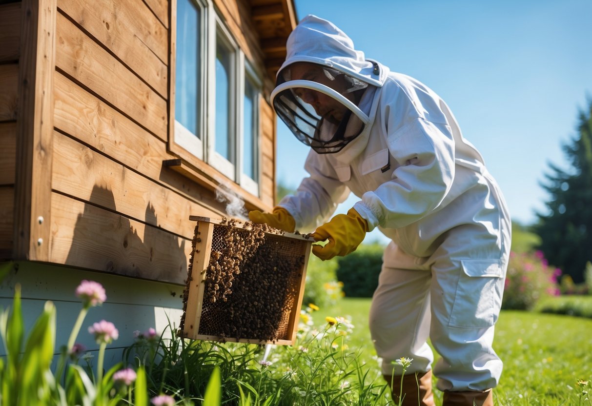 A person in protective gear safely removing a beehive from a wooden house outdoors in a garden.