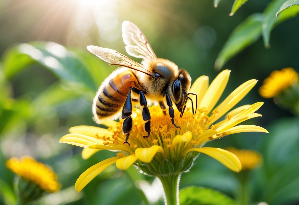 A honeybee resting on a yellow flower with green leaves in the background.