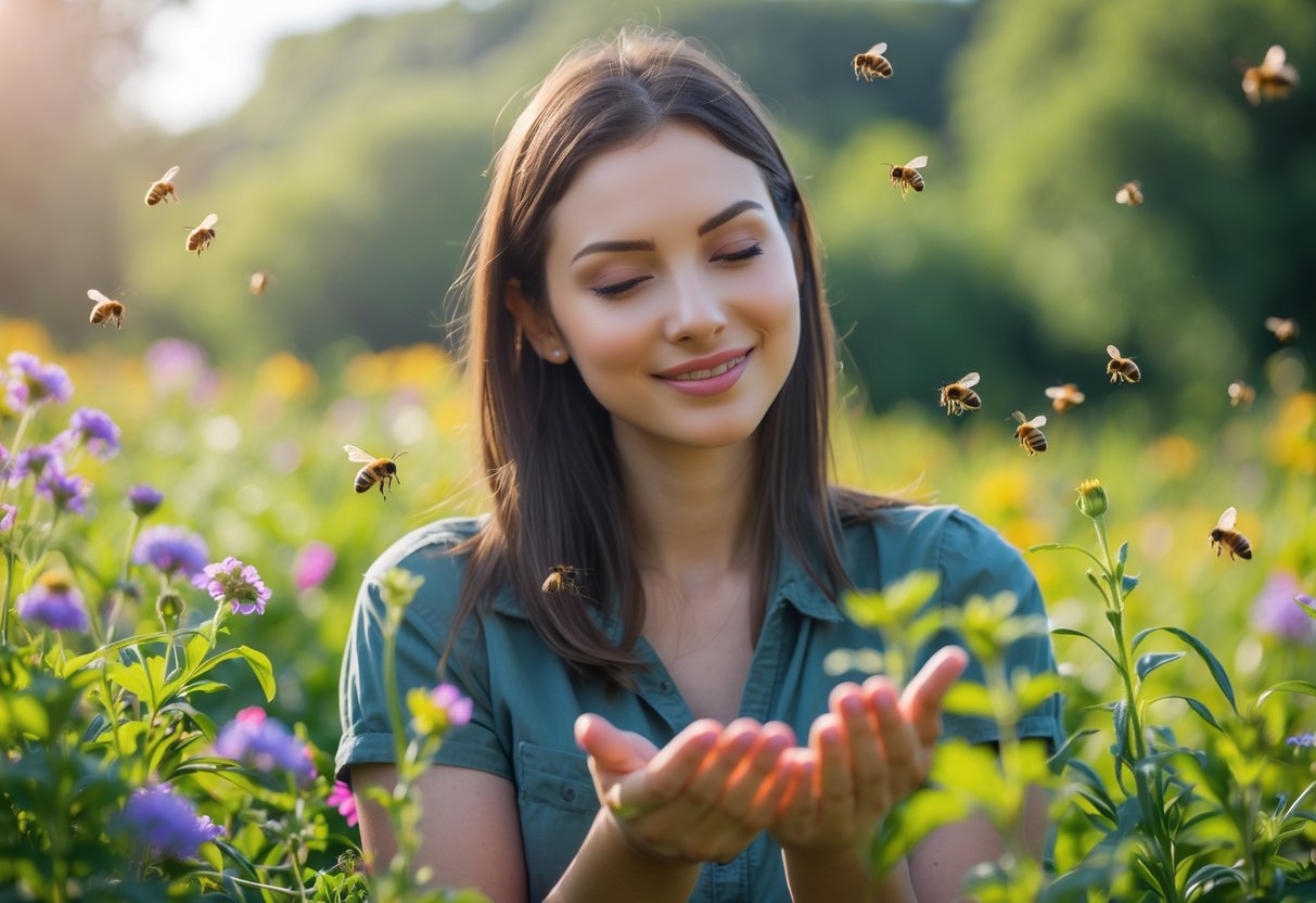 A person outdoors surrounded by flowers with bees flying near their face and hands.