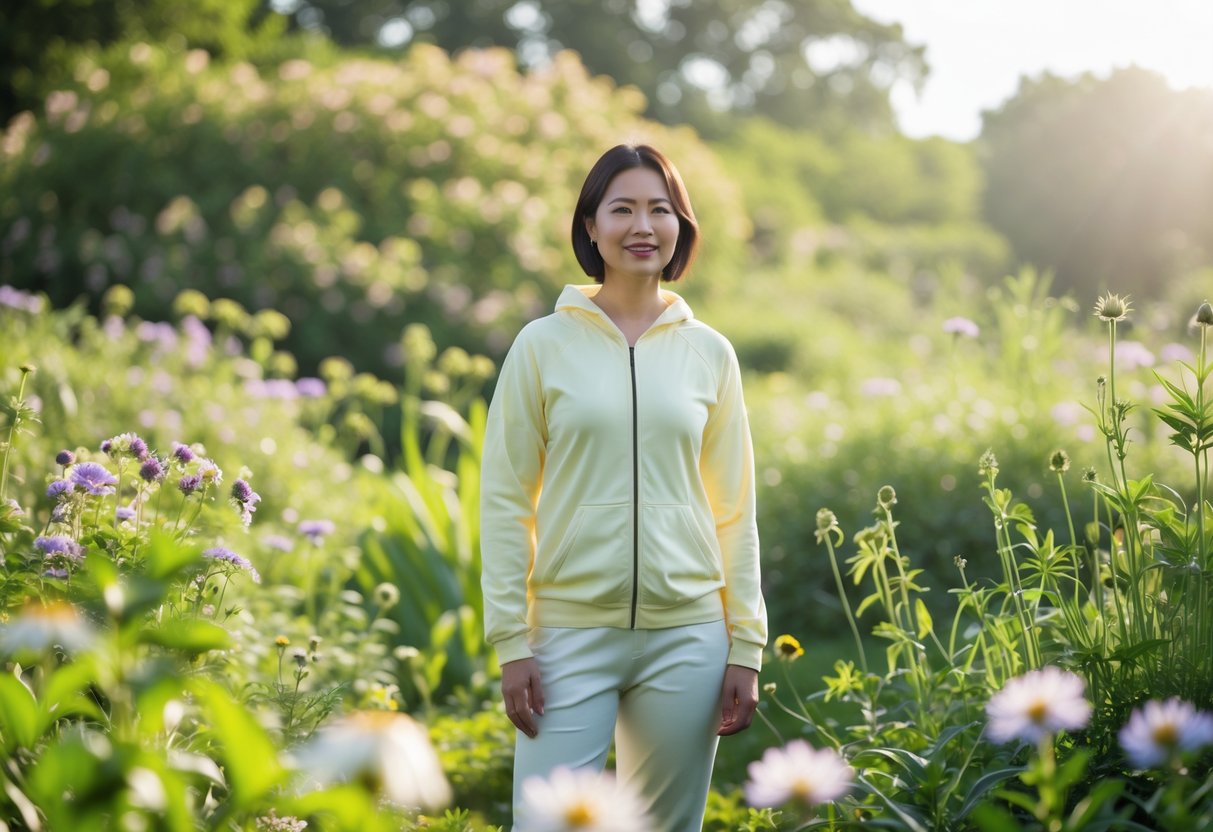 A person wearing light-colored clothing standing calmly in a sunny garden surrounded by flowers and greenery with no bees nearby.