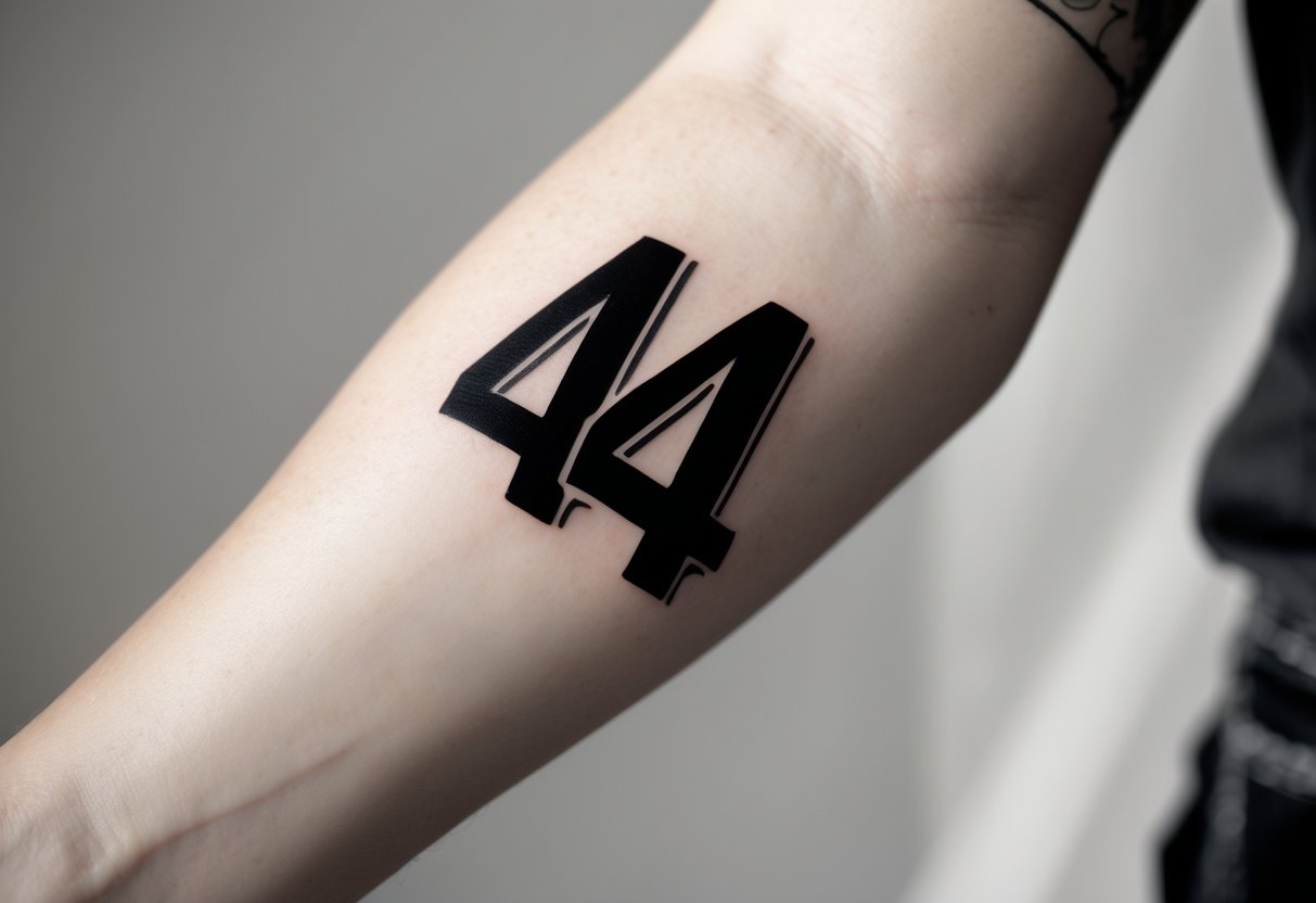Close-up of a forearm with a black tattoo of the number 444 on smooth skin.