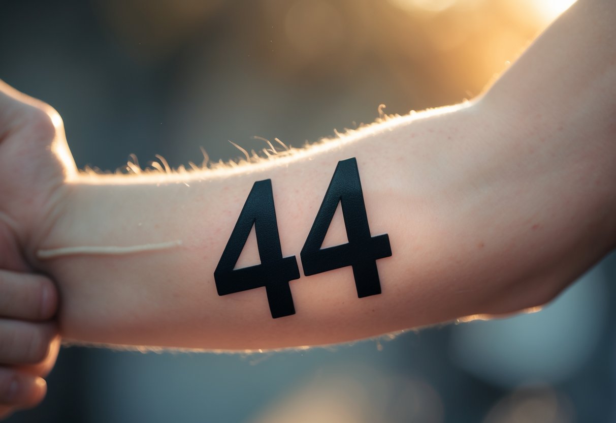 Close-up of a forearm with a black ink tattoo of the number 444.