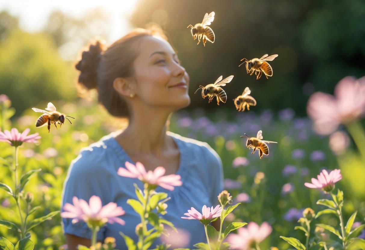 A person standing outdoors surrounded by flowers with bees flying gently around them.