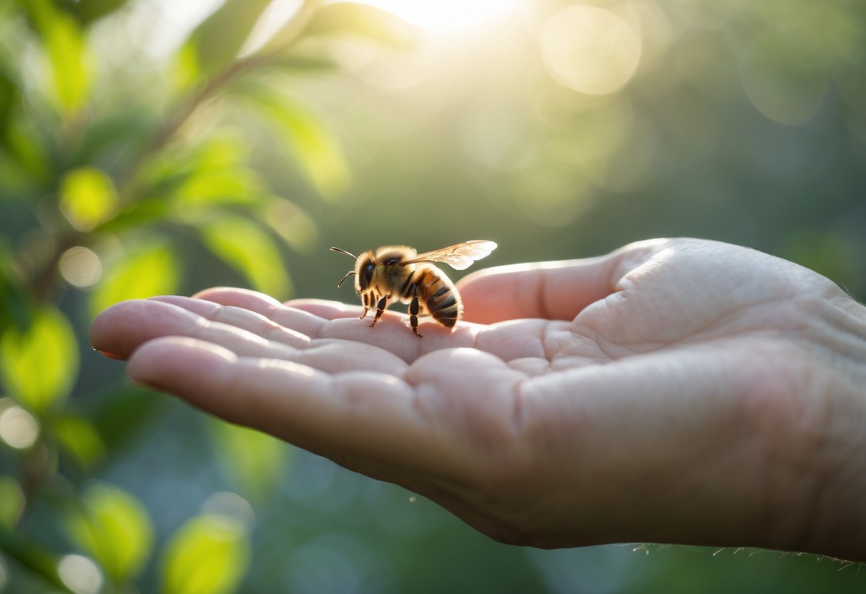 A close-up of a bee resting gently on a person's fingertip outdoors.