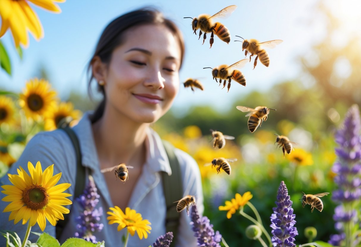 A person smiling in a garden with flowers while bees hover around them.
