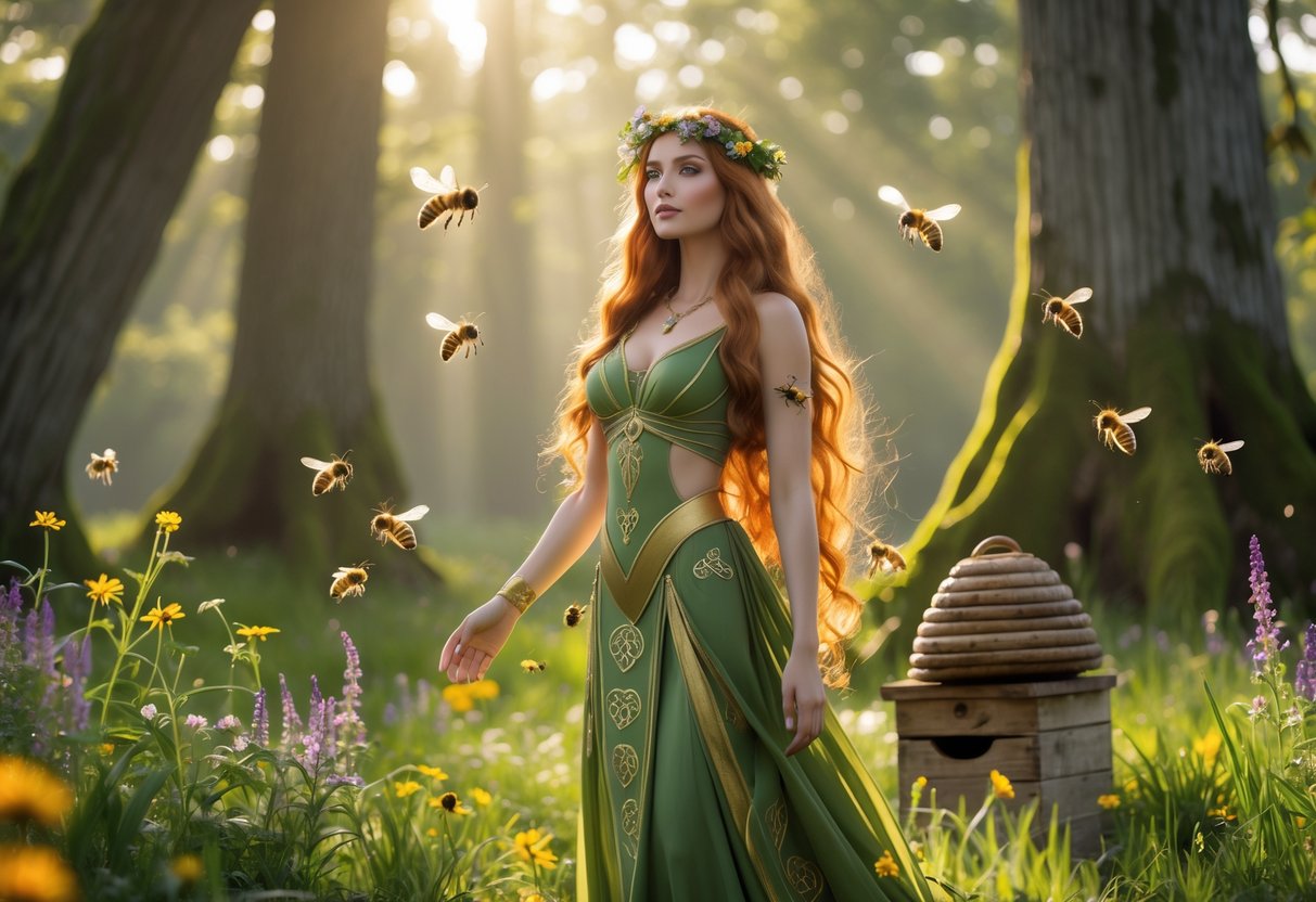 A woman dressed in green and gold stands in a forest clearing surrounded by bees and wildflowers with ancient trees in the background.