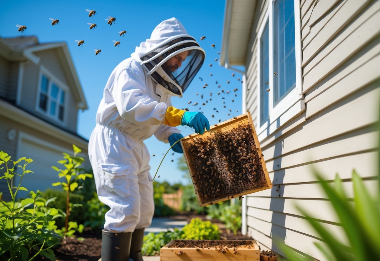 A person in protective gear removing a beehive from the outside wall of a house using a smoker tool with bees flying nearby.