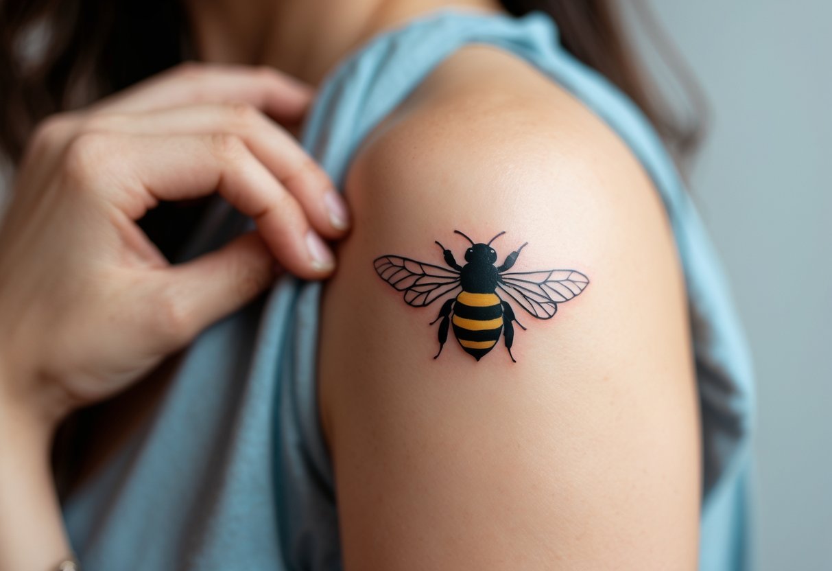 Close-up of a person's arm with a small bee tattoo on the inner forearm.