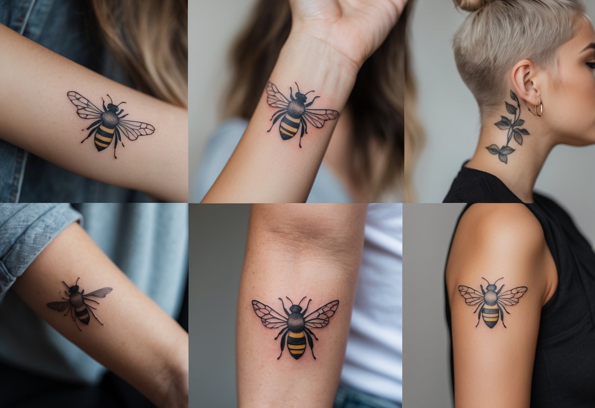 Close-up views of bee tattoos on different parts of people's bodies including wrist, forearm, ankle, shoulder, and behind the ear.