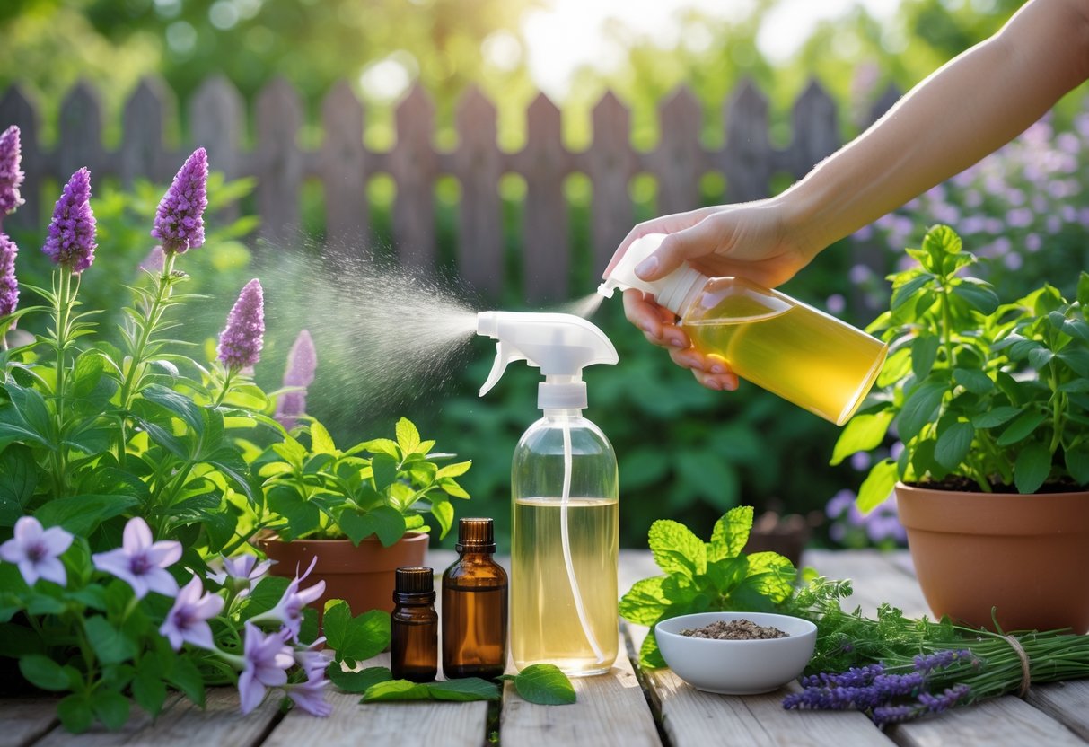 Person spraying natural solution on plants in a garden with herbs and essential oils nearby.