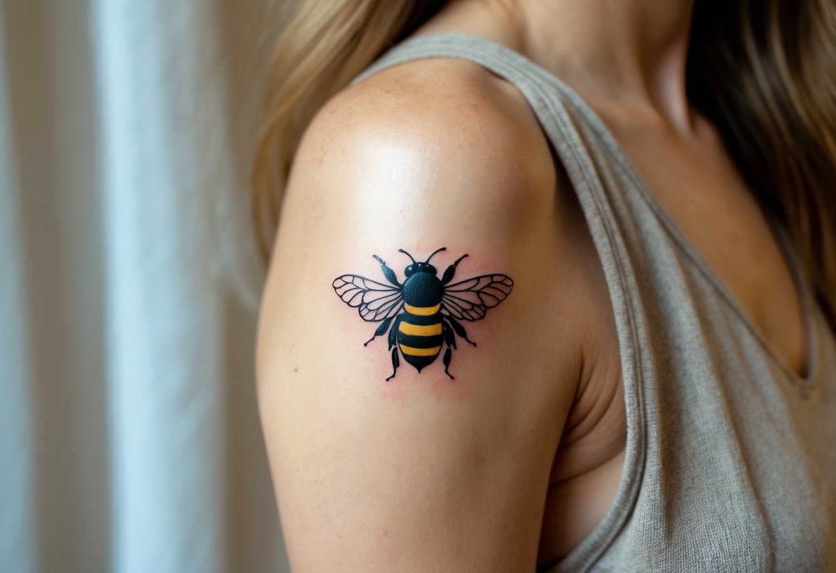 Close-up of a person's upper arm showing a detailed bee tattoo near the shoulder.