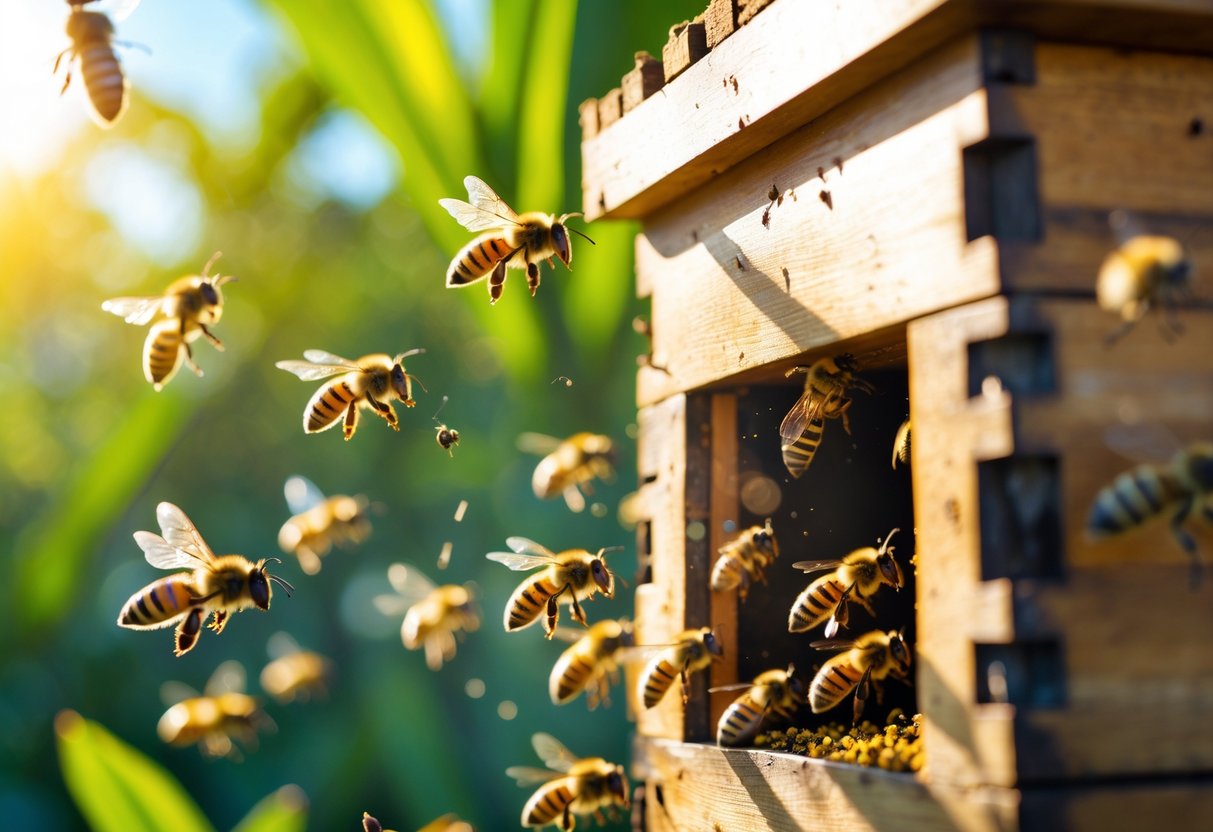 Close-up of bees flying around the entrance of a beehive in bright daylight with green plants in the background.