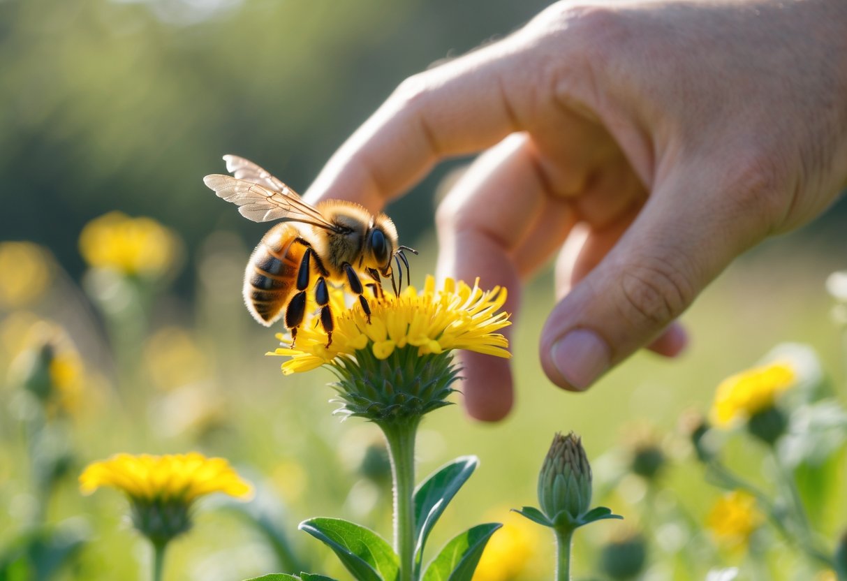A honeybee sitting on a yellow flower with a human hand reaching gently towards it in a meadow.