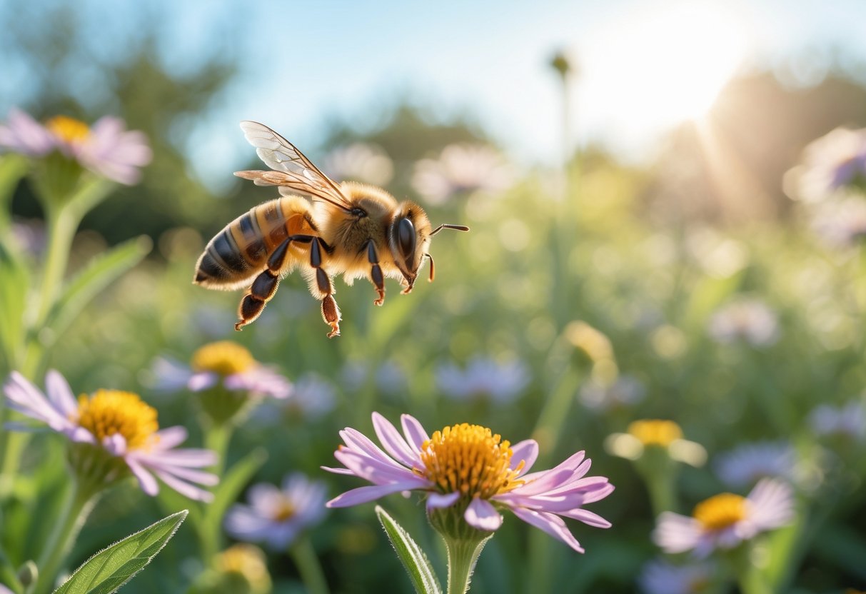 A close-up of a honeybee flying near a blooming flower in a sunlit garden during late morning.