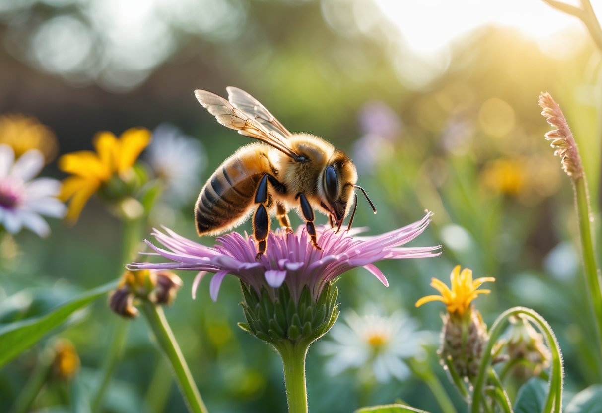 A honeybee collecting nectar from a flower in a garden with other plants in the background.