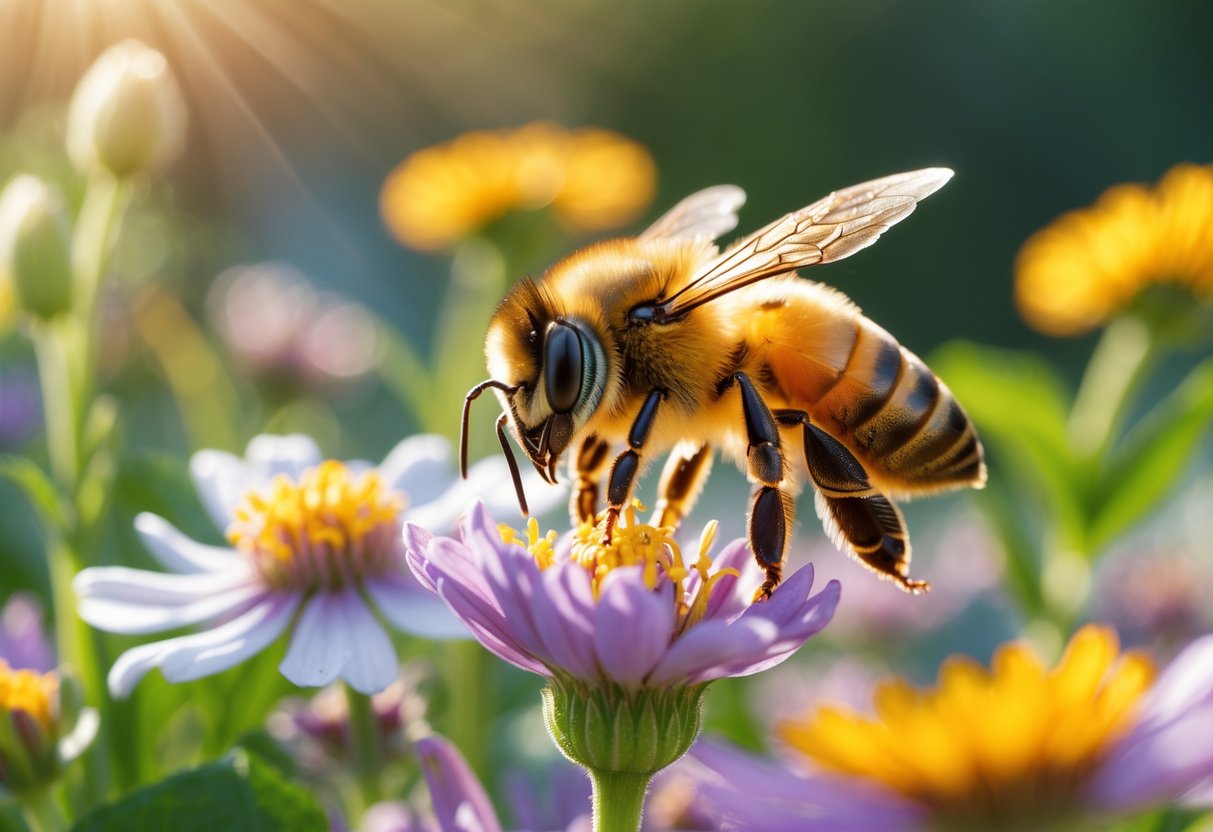 A honeybee collecting nectar from a blooming flower in a garden.