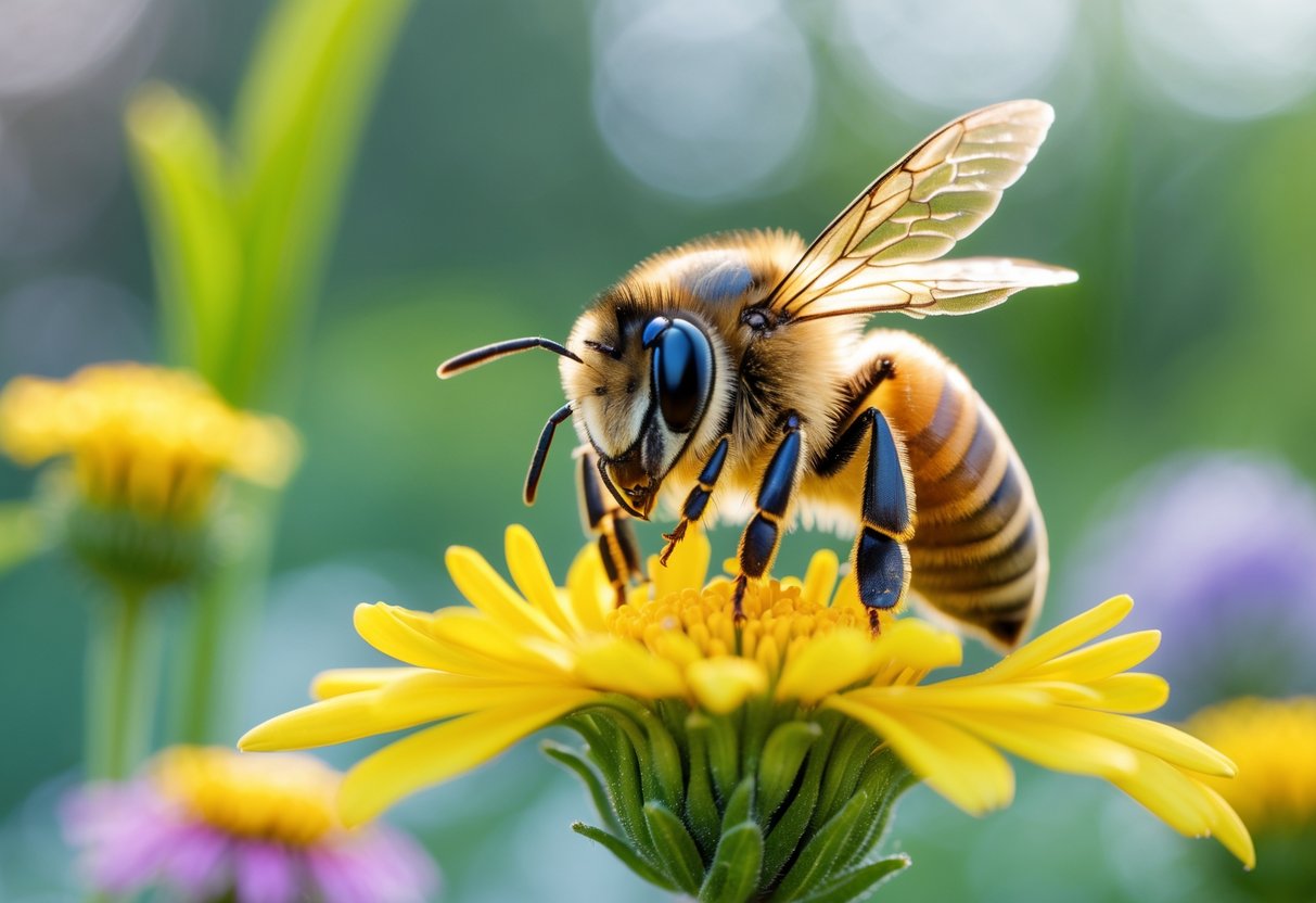 A close-up of a honeybee on a yellow flower looking directly at the camera with a blurred garden background.