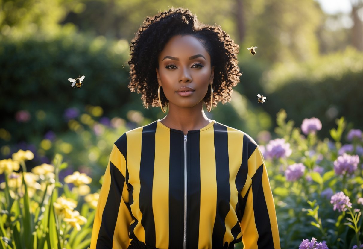 A person wearing a black and yellow striped outfit stands in a garden with flowers and greenery, surrounded by bees flying nearby.