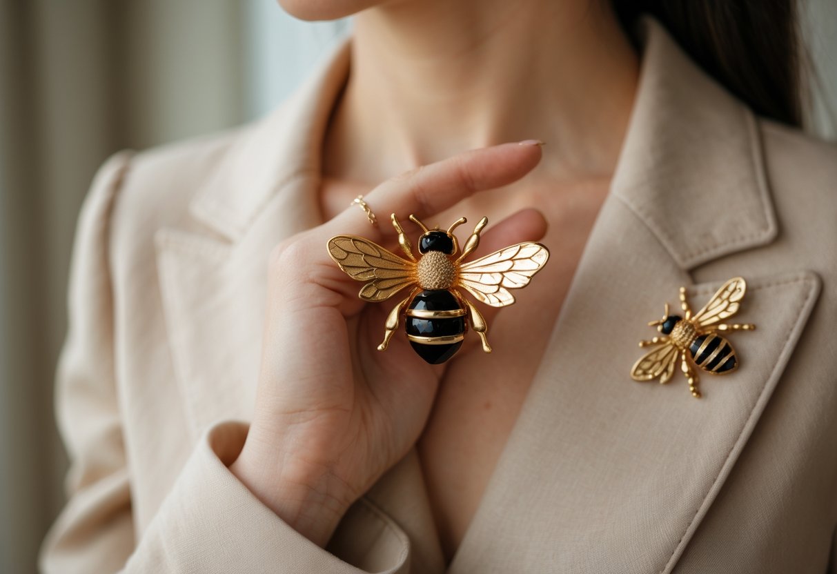 Close-up of a person wearing a detailed bee-shaped brooch on their clothing, with a softly blurred background.