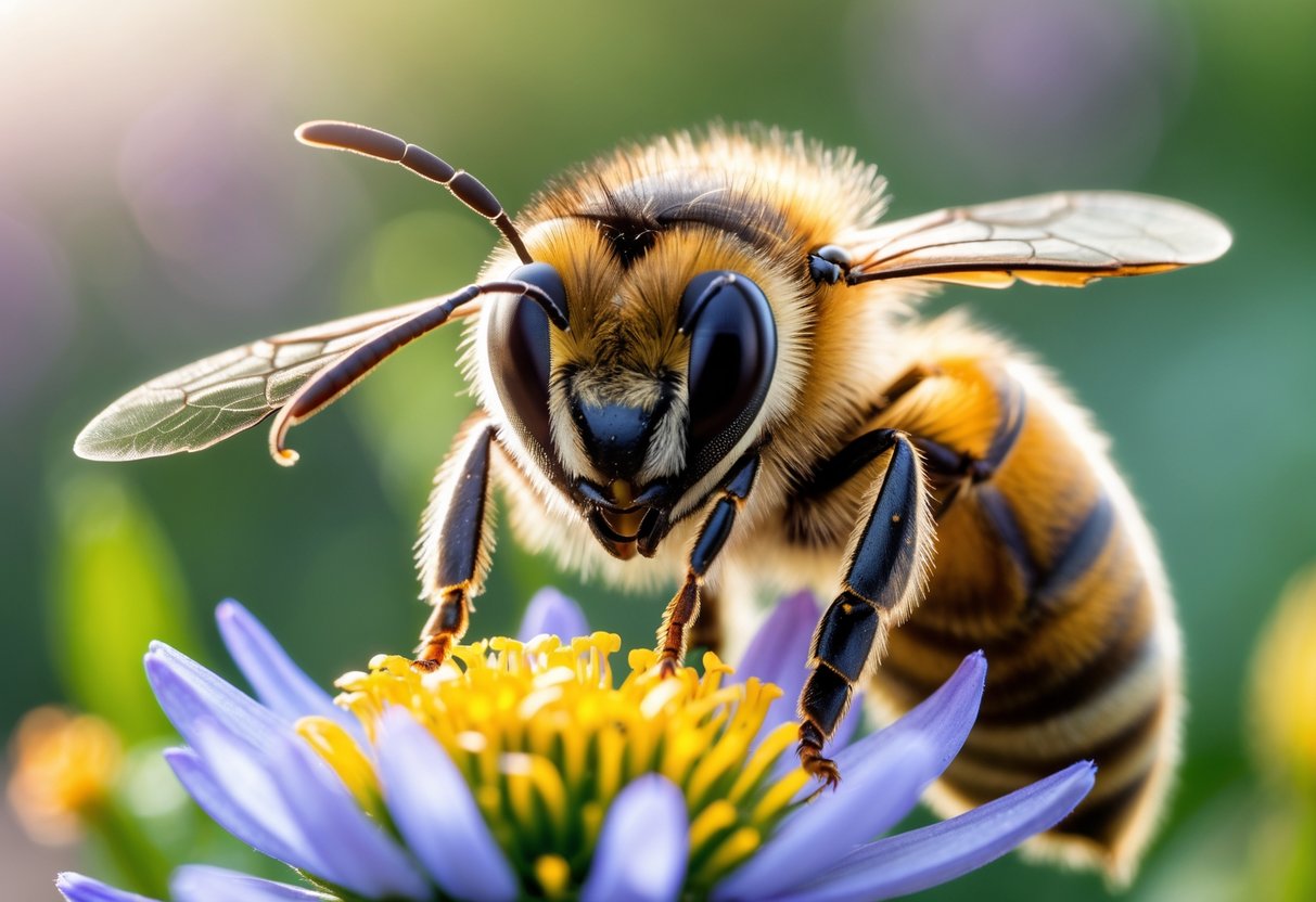 Close-up of a honeybee sitting on a flower with its eyes looking forward.