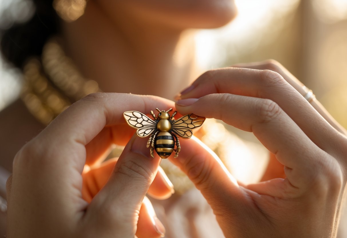 Close-up of a person wearing a bee-shaped accessory with a softly blurred natural background.