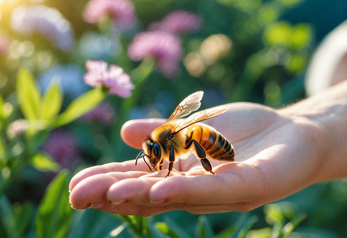 A honeybee landing on a person's outstretched hand surrounded by flowers in a garden.
