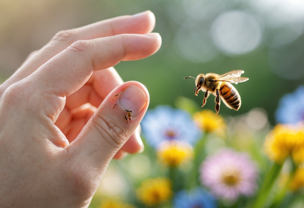 A close-up of a hand with a red bee sting and a honeybee flying near colorful flowers in the background.