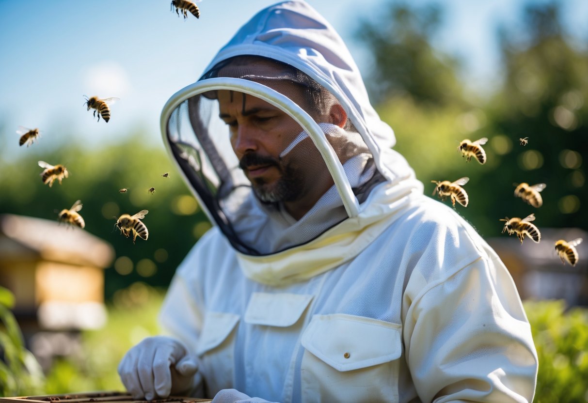 A beekeeper in a full protective bee suit with bees flying nearby outdoors.