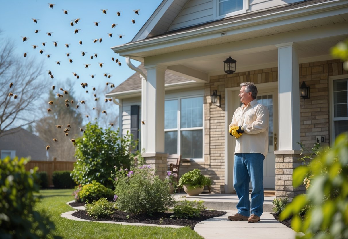 A person standing near a house with bees swarming around the front porch and garden.