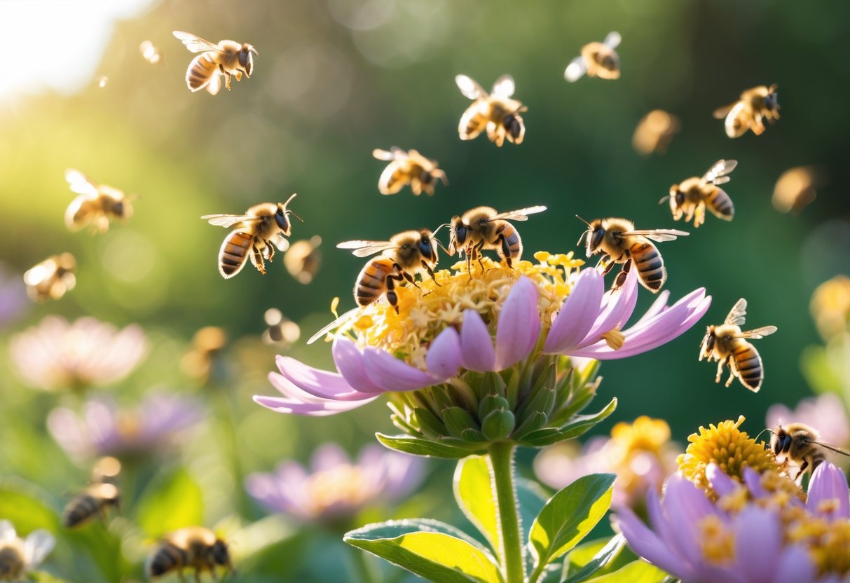 Close-up of a group of honeybees collecting nectar from flowers in a sunlit garden.