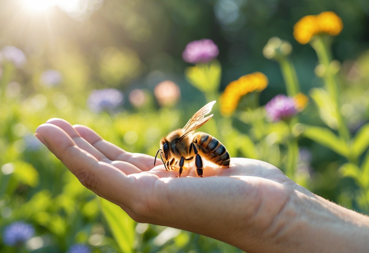 A bee landing on a person's hand in a garden with flowers and greenery.