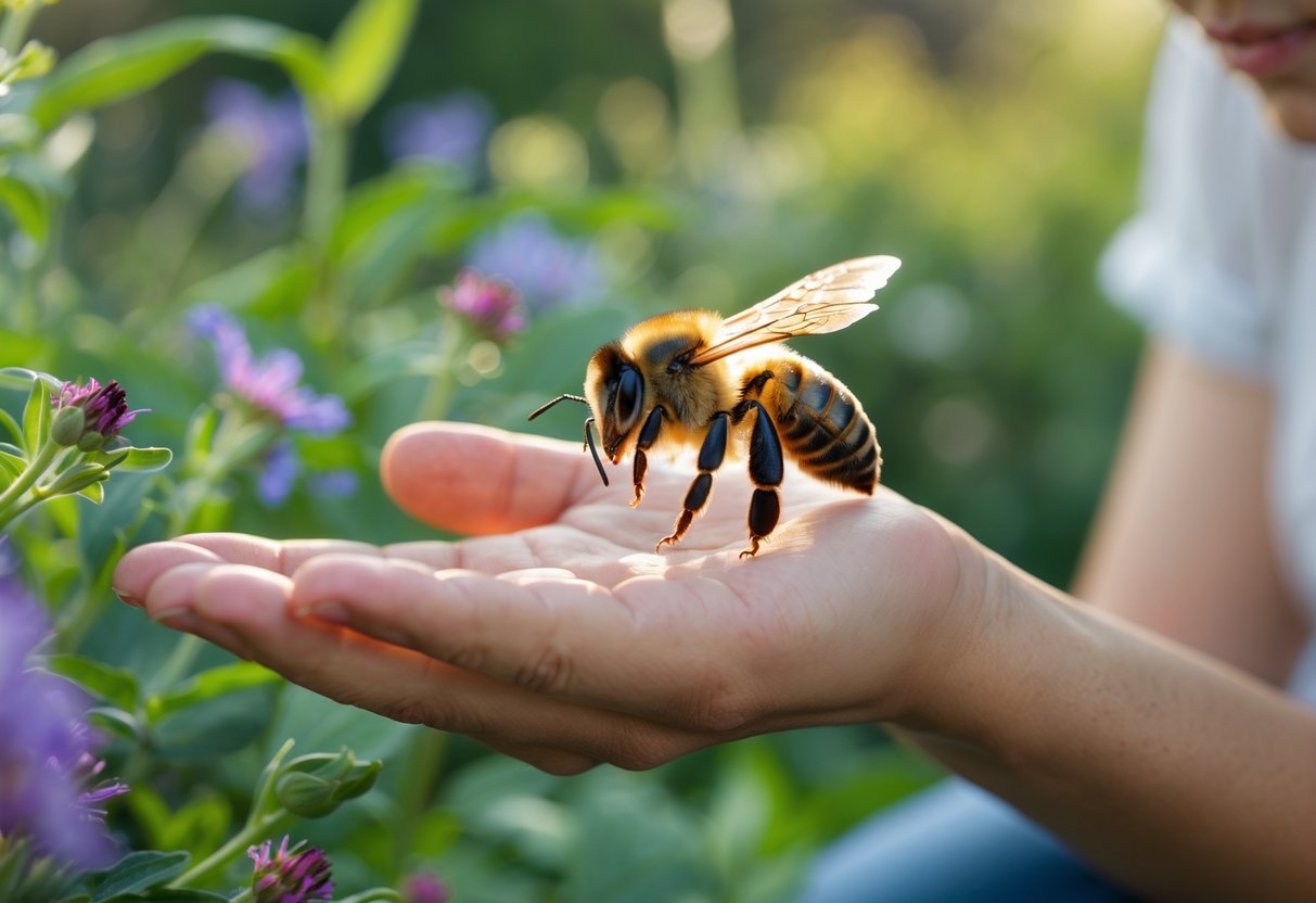A person outdoors gently observing a bee landing on their hand surrounded by flowers and greenery.