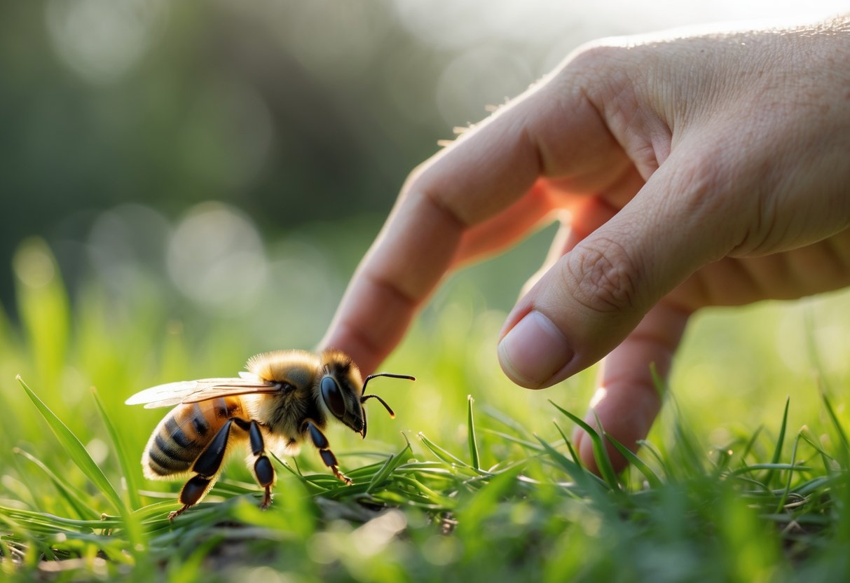 A hand gently reaching towards a bee resting on grass outdoors.
