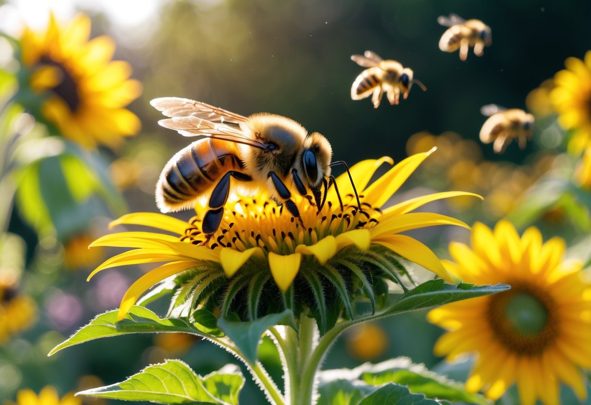 Close-up of a honeybee on a yellow sunflower with other flowers and bees in a garden background.