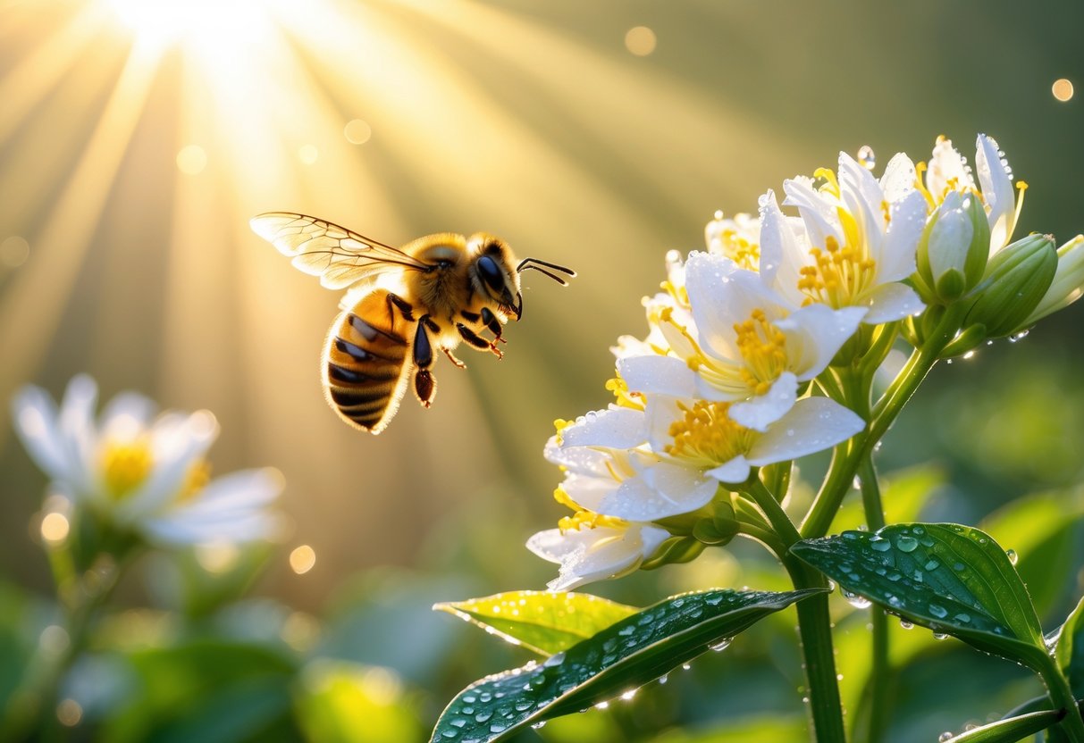 A close-up of a honeybee flying near white and yellow flowers with sunlight filtering through green leaves.