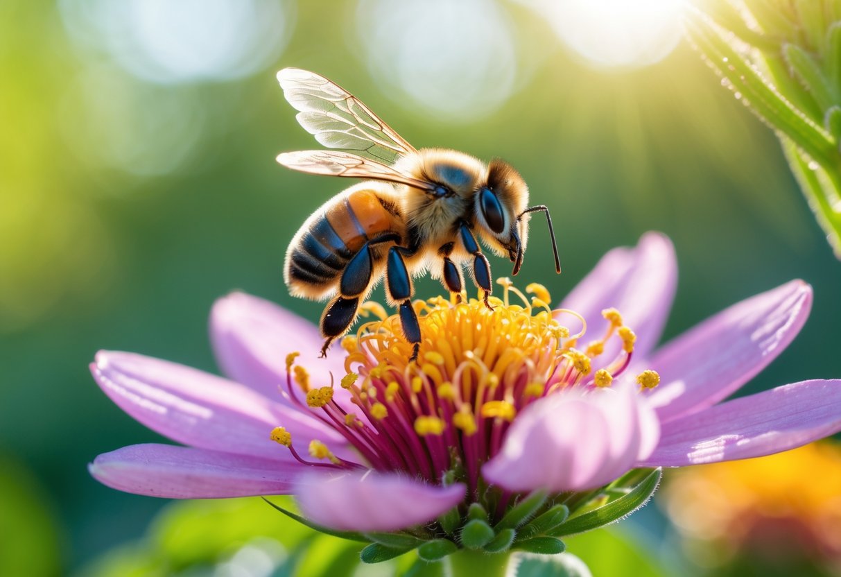 A bee sitting on a colorful flower surrounded by green leaves.