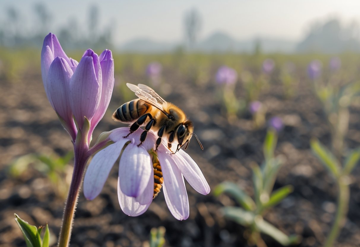 A close-up of a honeybee on a drooping flower in a sparse field with dry soil and wilted plants.