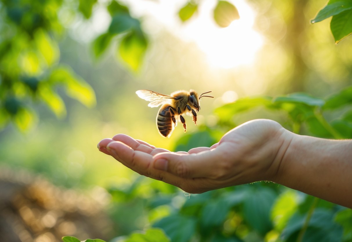 A bee hovering near a person's outstretched hand outdoors with green foliage in the background.