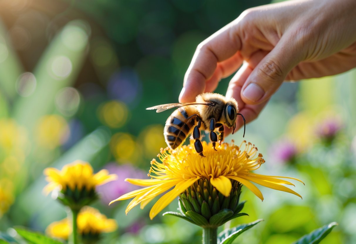 A close-up of a honeybee on a yellow flower with a person's hand nearby in a garden.