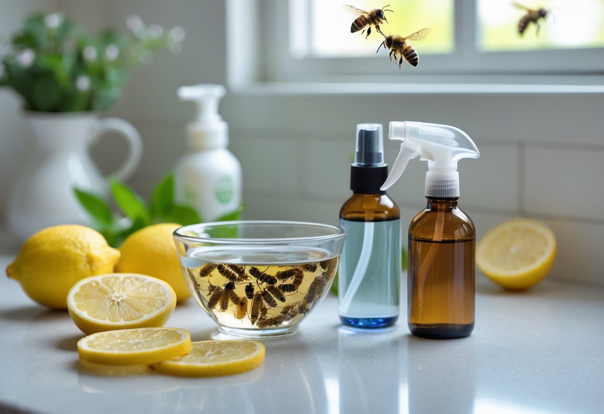 A kitchen countertop showing natural ingredients and a spray bottle with homemade bee killer solution.