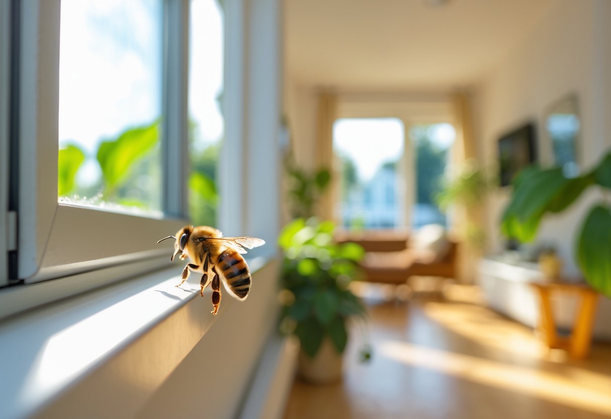 A bee resting on the edge of an open window inside a bright living room with plants and wooden furniture.