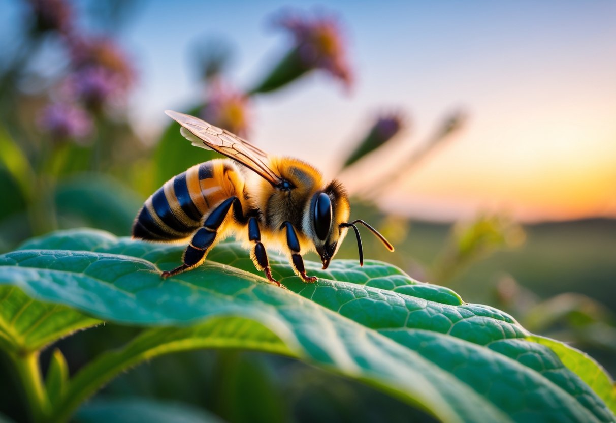 A honeybee resting on a green leaf at dusk with its wings folded and eyes partially closed.