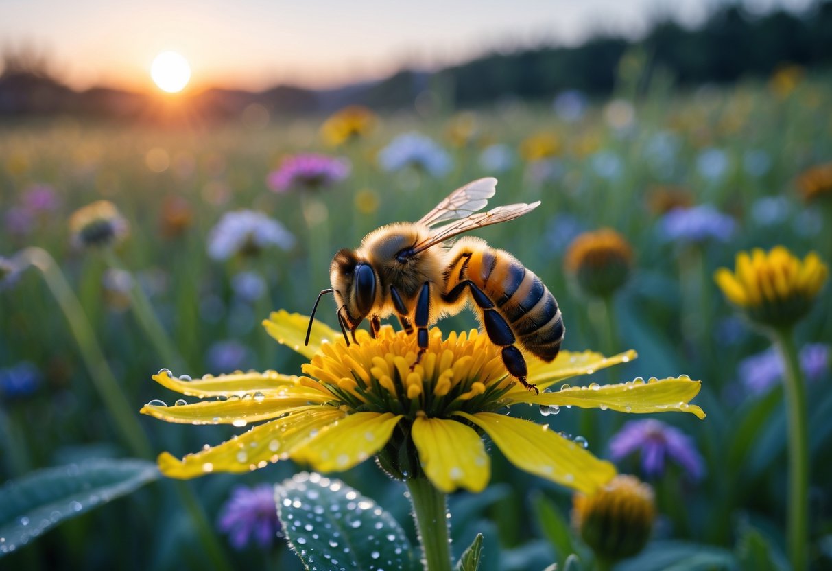A honeybee resting on a yellow flower in a meadow at dusk with soft lighting and dew drops on the petals.