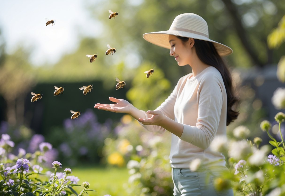 A person calmly holding out their hand near flowers with bees flying around in a sunny garden.