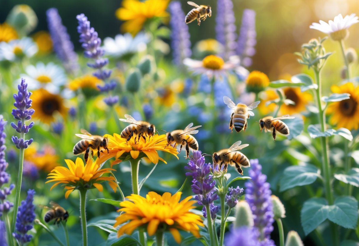 Close-up of bees gathering nectar from colorful flowers in a sunlit garden.