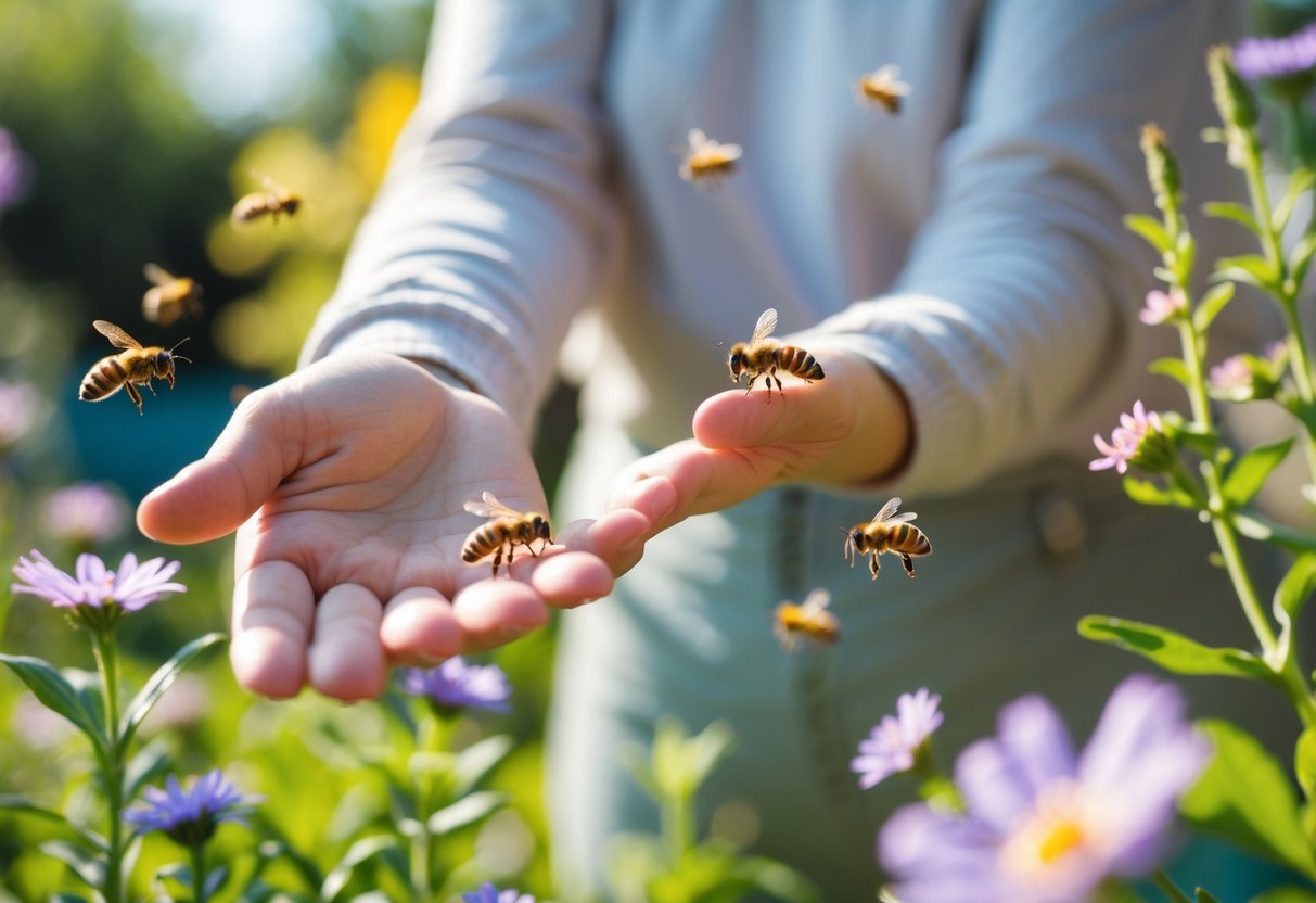 A person calmly holding out their hand near flowers with bees flying around peacefully in a garden.
