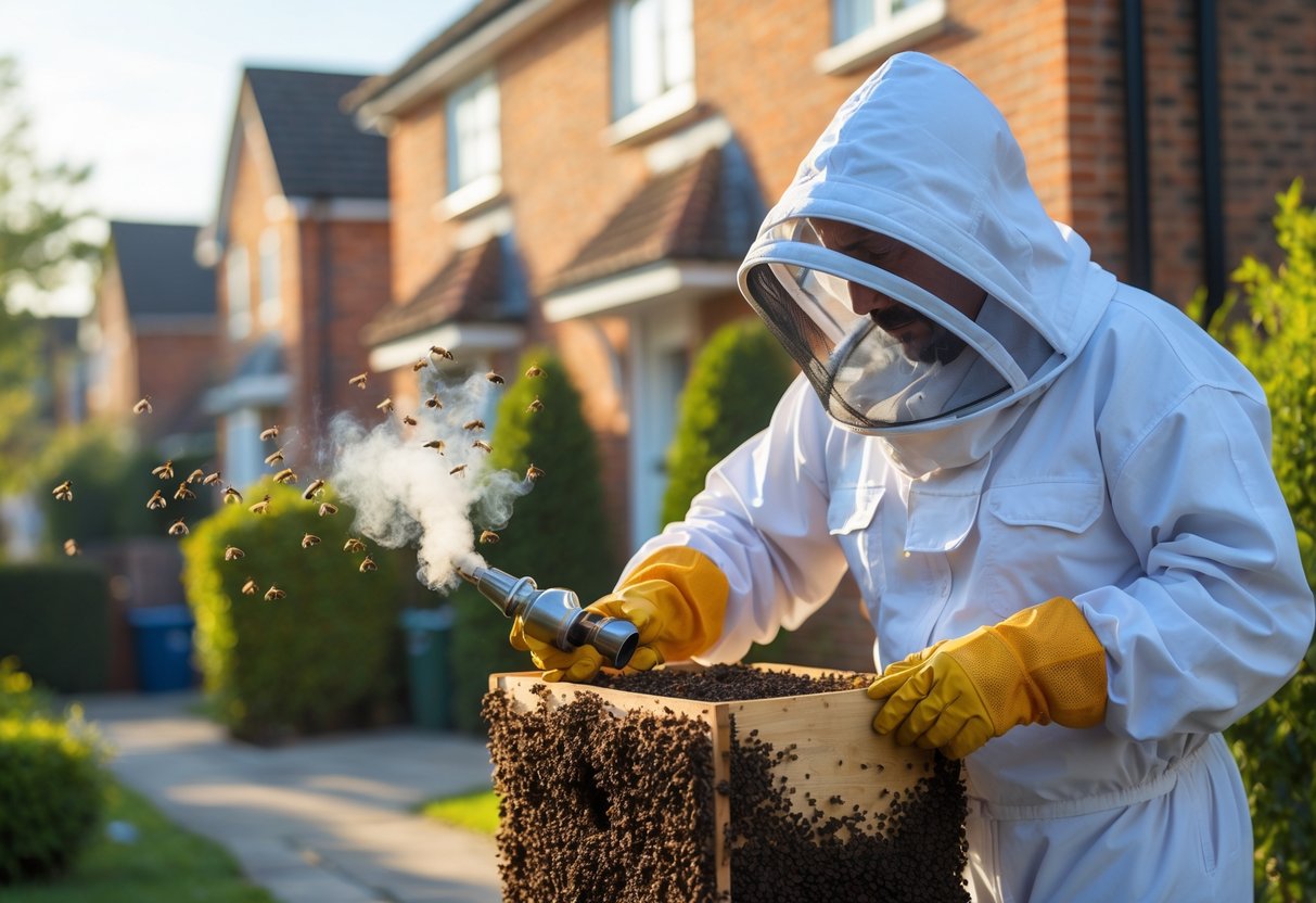 A person in protective clothing removing a bees' nest from the outside wall of a UK house.