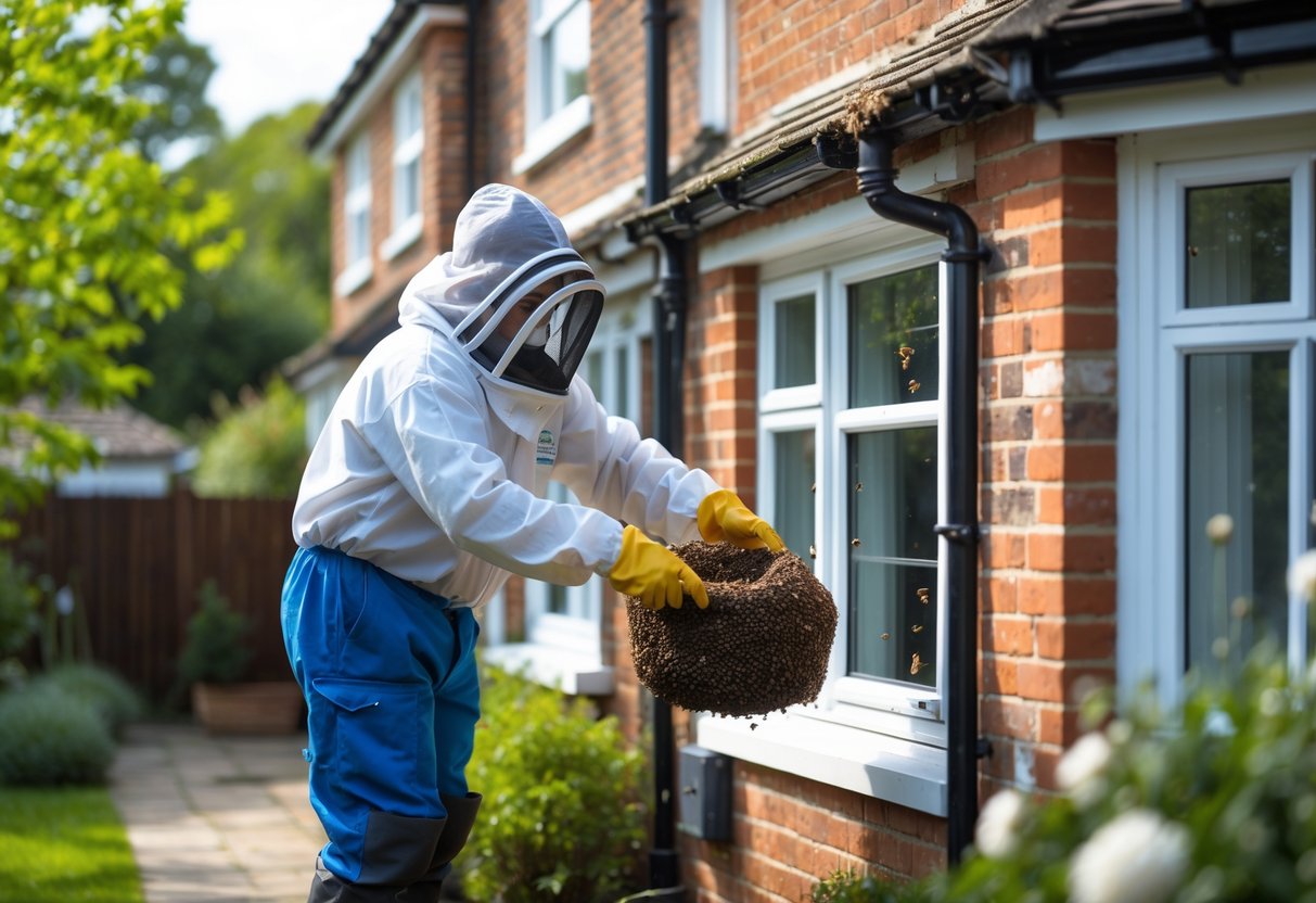 A person in protective clothing safely removing a bees' nest from the exterior wall of a British house with a garden in the background.