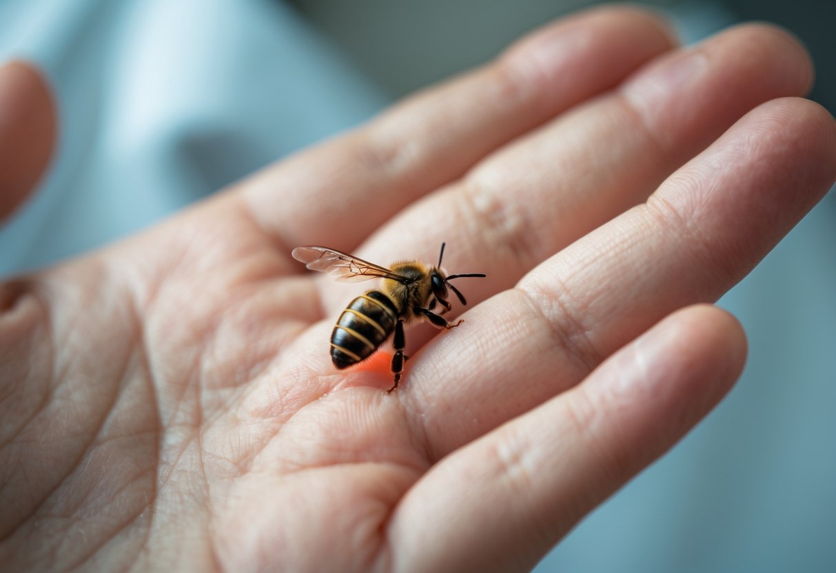 Close-up of a person's hand with a visible bee sting and slight redness on the skin.